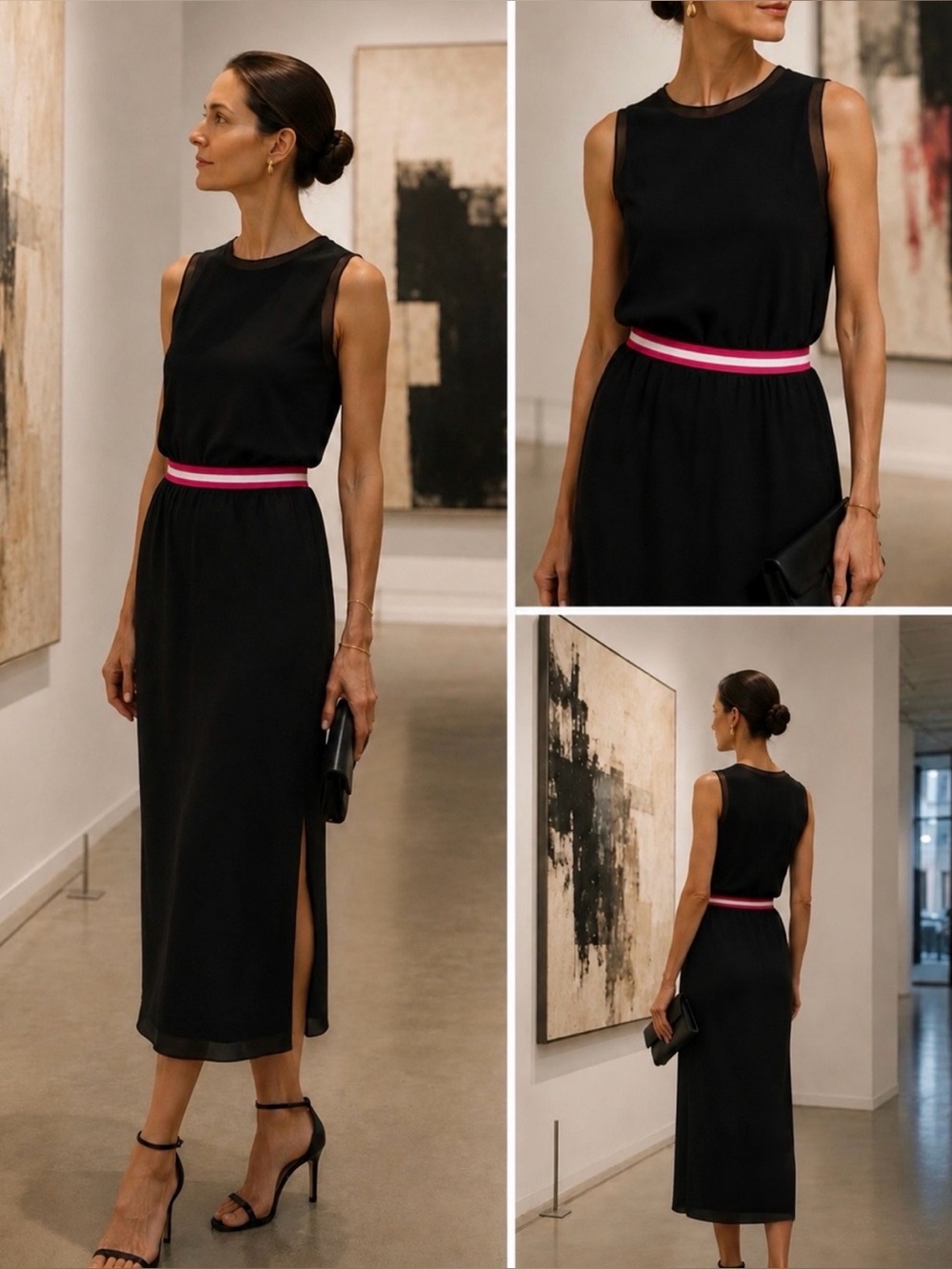Theory Lewie Silk Midi Dress Black Sleeveless Striped Waistband  Size M🧡